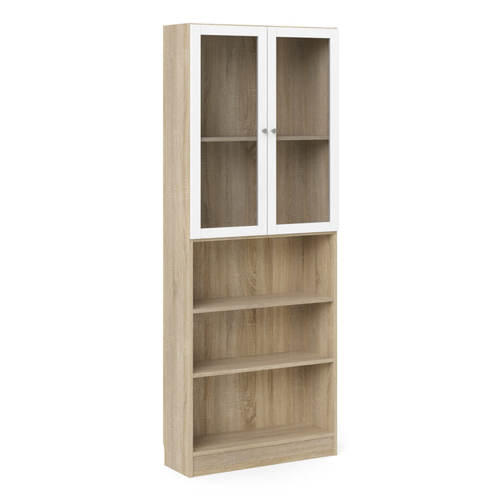 Basic Tall Wide Display Cabinet in Oak (4 Shelves) with 2 Glass White Doors