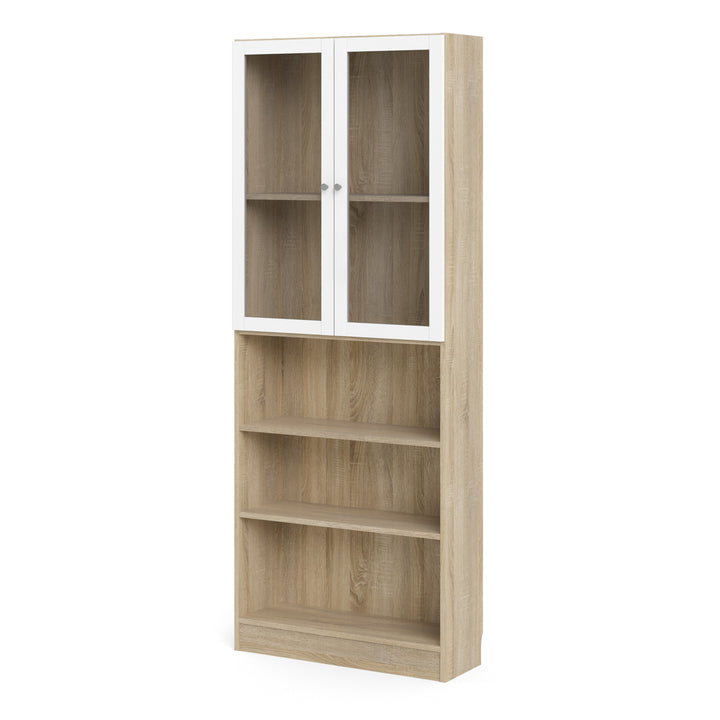 Basic Tall Wide Display Cabinet in Oak (4 Shelves) with 2 Glass White Doors