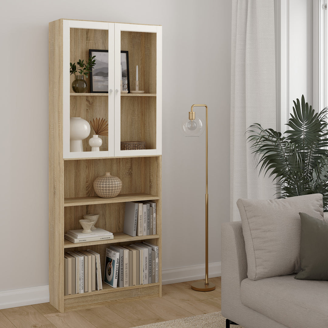 Basic Tall Wide Display Cabinet in Oak (4 Shelves) with 2 Glass White Doors