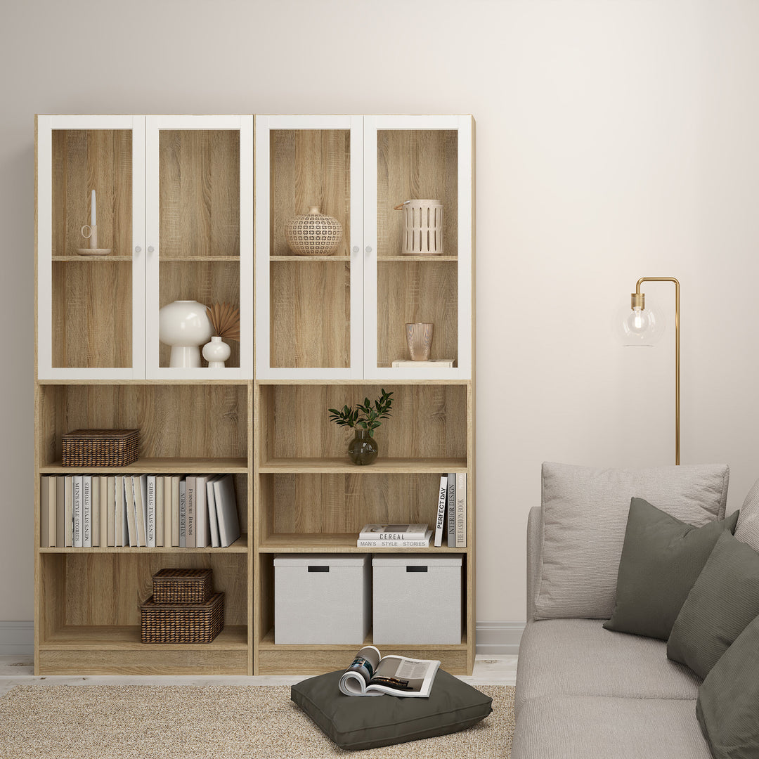 Basic Tall Wide Display Cabinet in Oak (4 Shelves) with 2 Glass White Doors