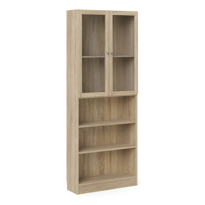 Basic Tall Wide Display Cabinet in Oak (4 Shelves) with 2 Glass Oak Doors