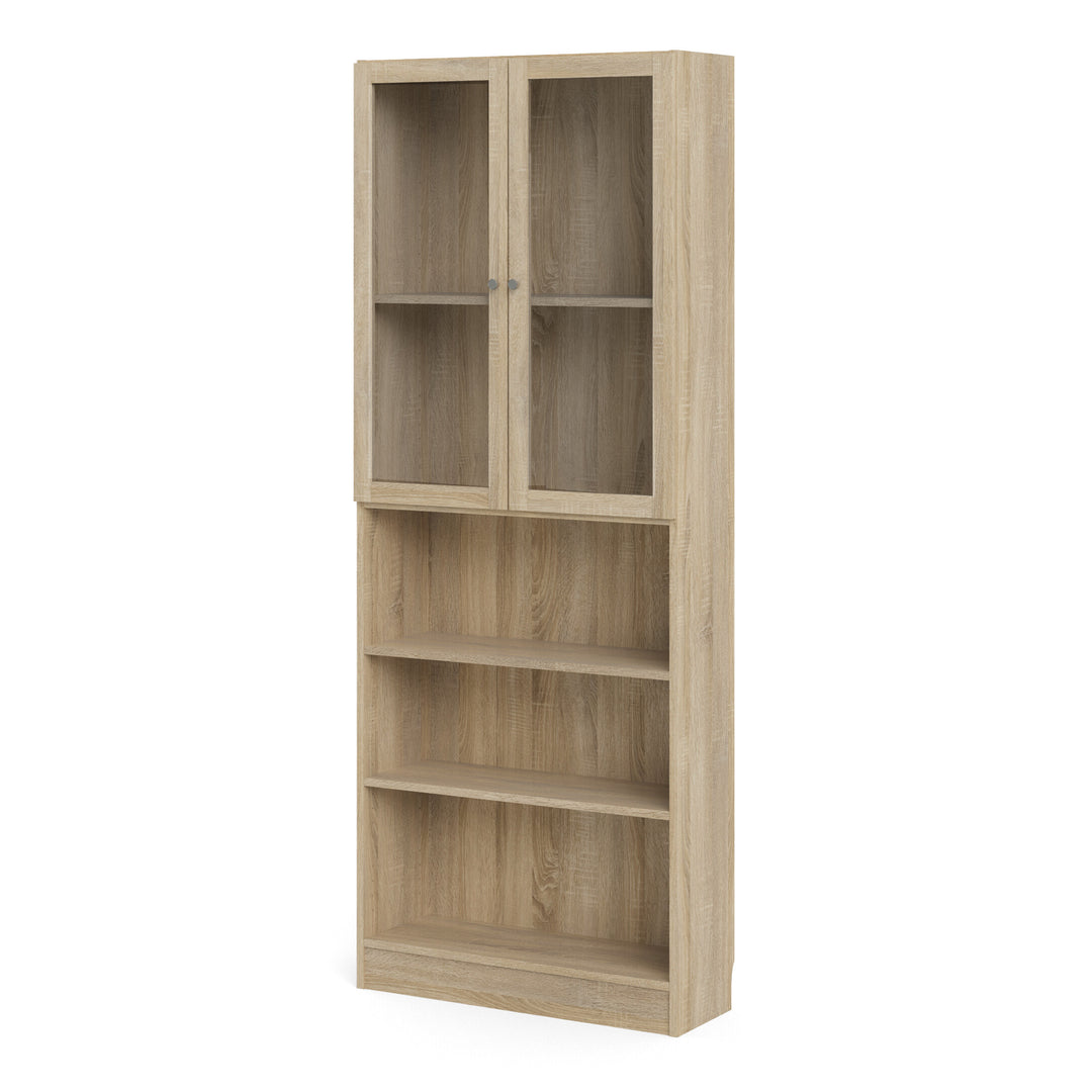 Basic Tall Wide Display Cabinet in Oak (4 Shelves) with 2 Glass Oak Doors