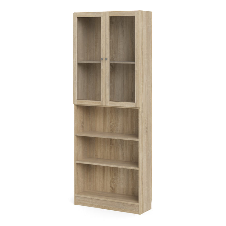 Basic Tall Wide Display Cabinet in Oak (4 Shelves) with 2 Glass Oak Doors