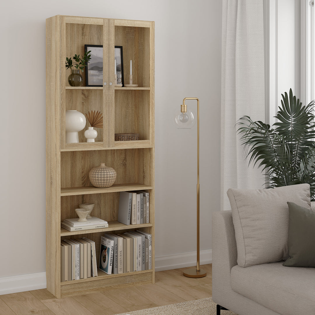 Basic Tall Wide Display Cabinet in Oak (4 Shelves) with 2 Glass Oak Doors