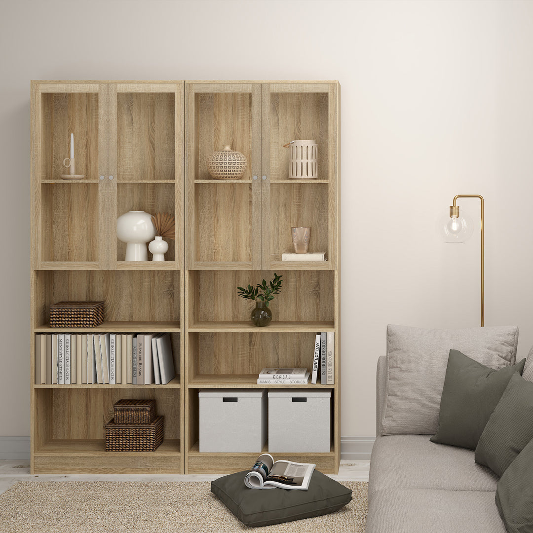 Basic Tall Wide Display Cabinet in Oak (4 Shelves) with 2 Glass Oak Doors