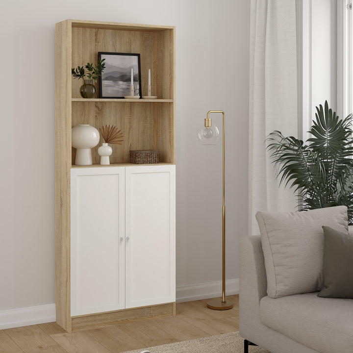 Basic Tall Wide Combination Storage in Oak (4 Shelves) with 2 Doors in White