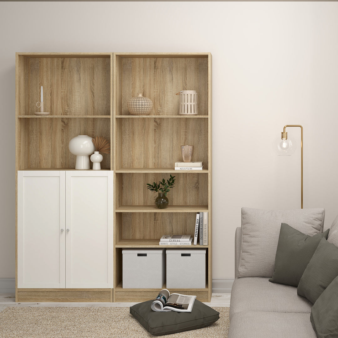 Basic Tall Wide Combination Storage in Oak (4 Shelves) with 2 Doors in White