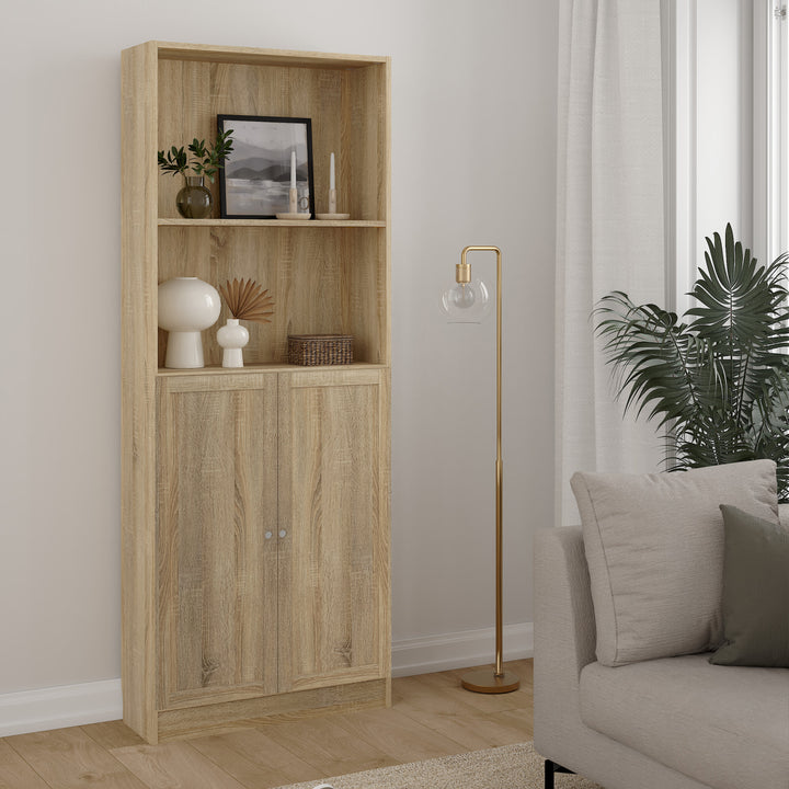 Basic Tall Wide Combination Storage in Oak 4 Shelves with 2 Oak Doors