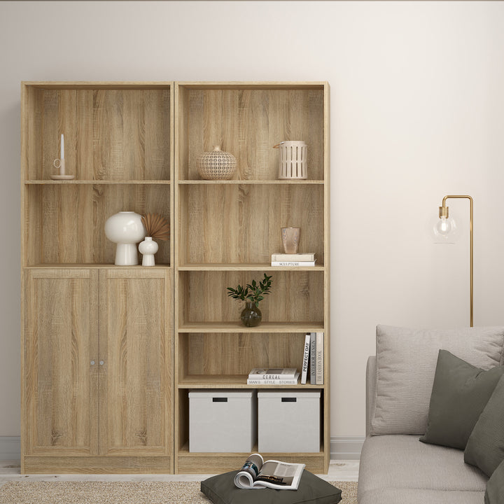 Basic Tall Wide Combination Storage in Oak 4 Shelves with 2 Oak Doors