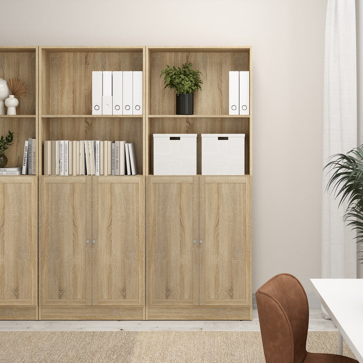 Basic Tall Wide Combination Storage in Oak 4 Shelves with 2 Oak Doors