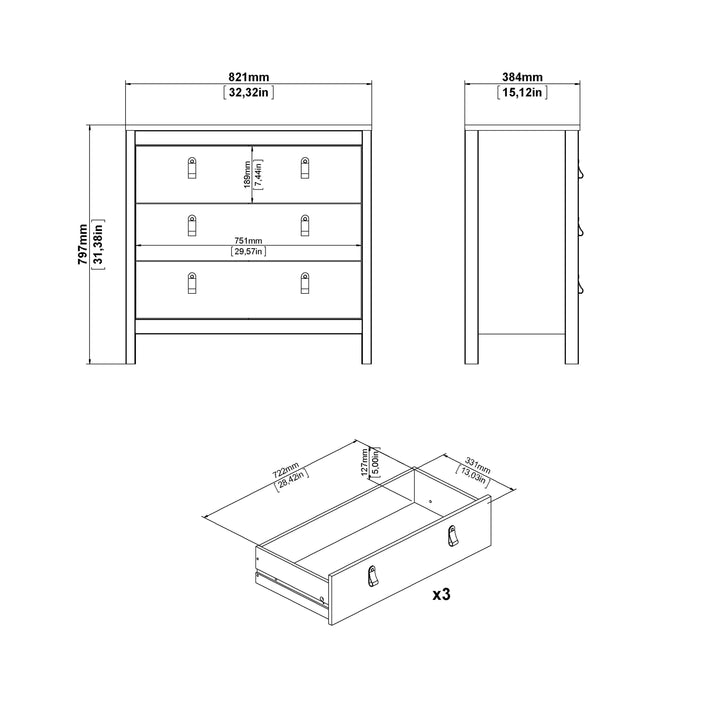 Barcelona Chest 3 Drawers in Jackson Hickory Oak