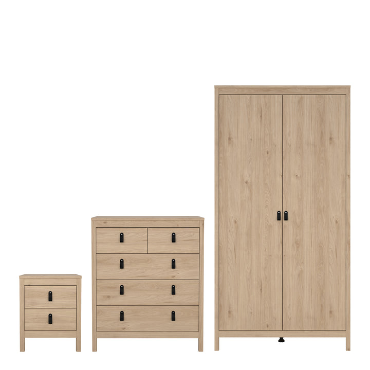 Barcelona Package - Bedside Table 2 drawers + Chest 3+2 drawer + Wardrobe with 2 doors in Jackson Hickory Oak