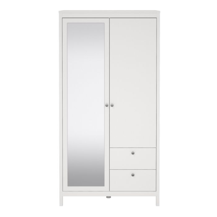 Madrid Wardrobe with 1 door + 1 mirror door + 2 drawers White - TidySpaces