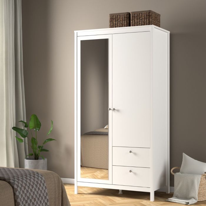 Madrid Wardrobe with 1 door + 1 mirror door + 2 drawers White - TidySpaces