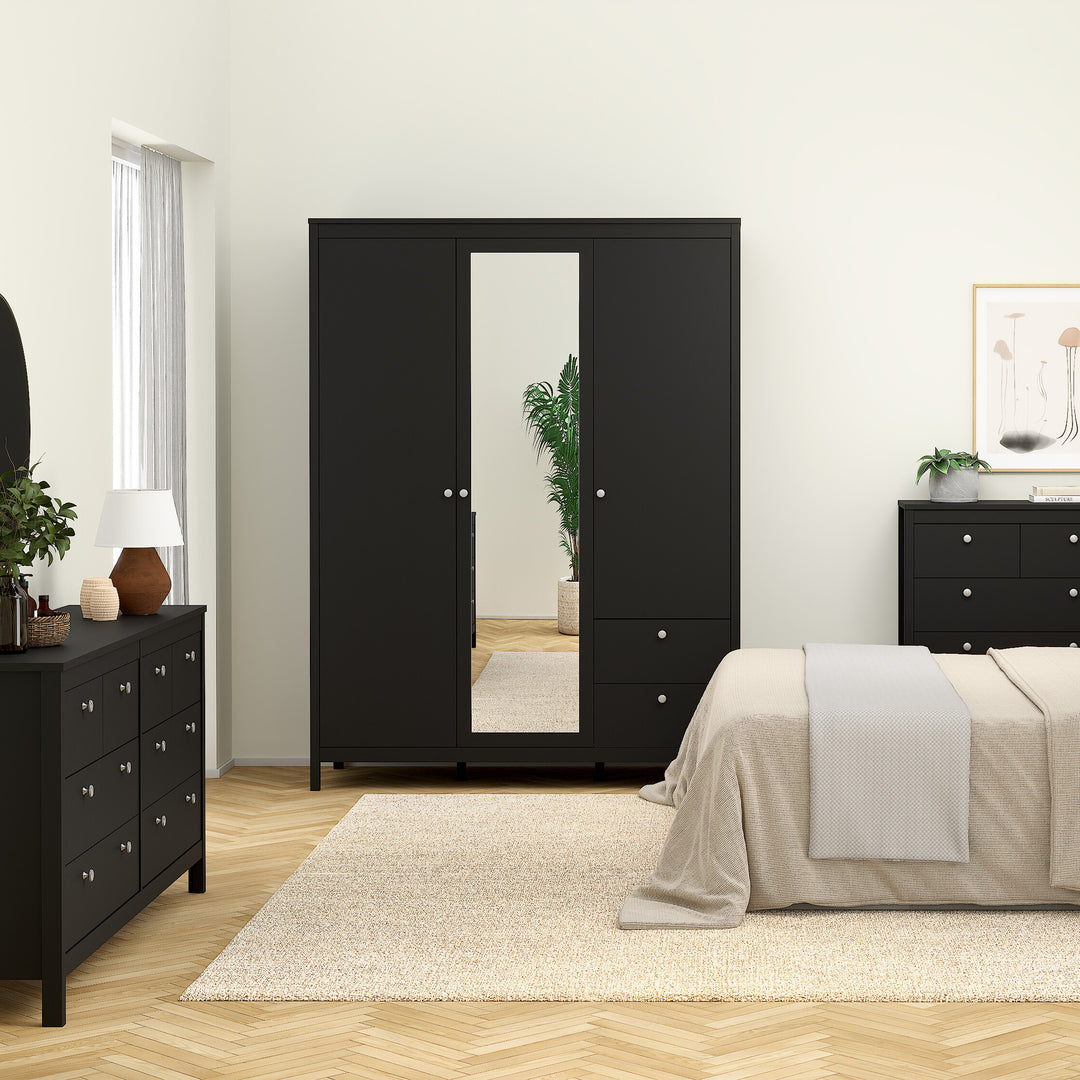 Madrid Wardrobe with 2 doors + 1 mirror door + 2 drawers Matt Black - TidySpaces
