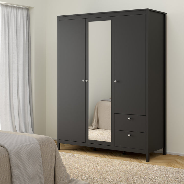 Madrid Wardrobe with 2 doors + 1 mirror door + 2 drawers Matt Black - TidySpaces