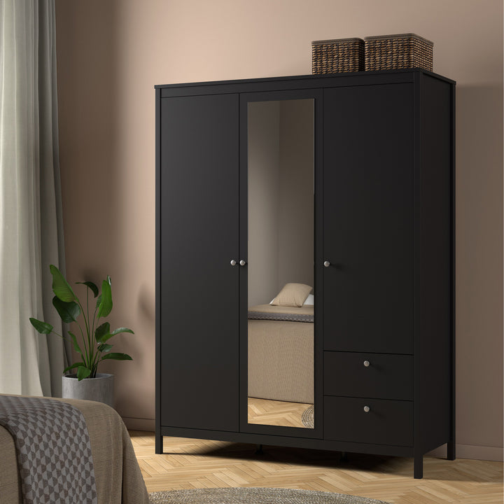 Madrid Wardrobe with 2 doors + 1 mirror door + 2 drawers Matt Black - TidySpaces