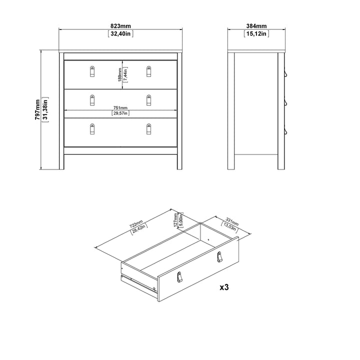 Madrid Chest 3 Drawers in Cashmere