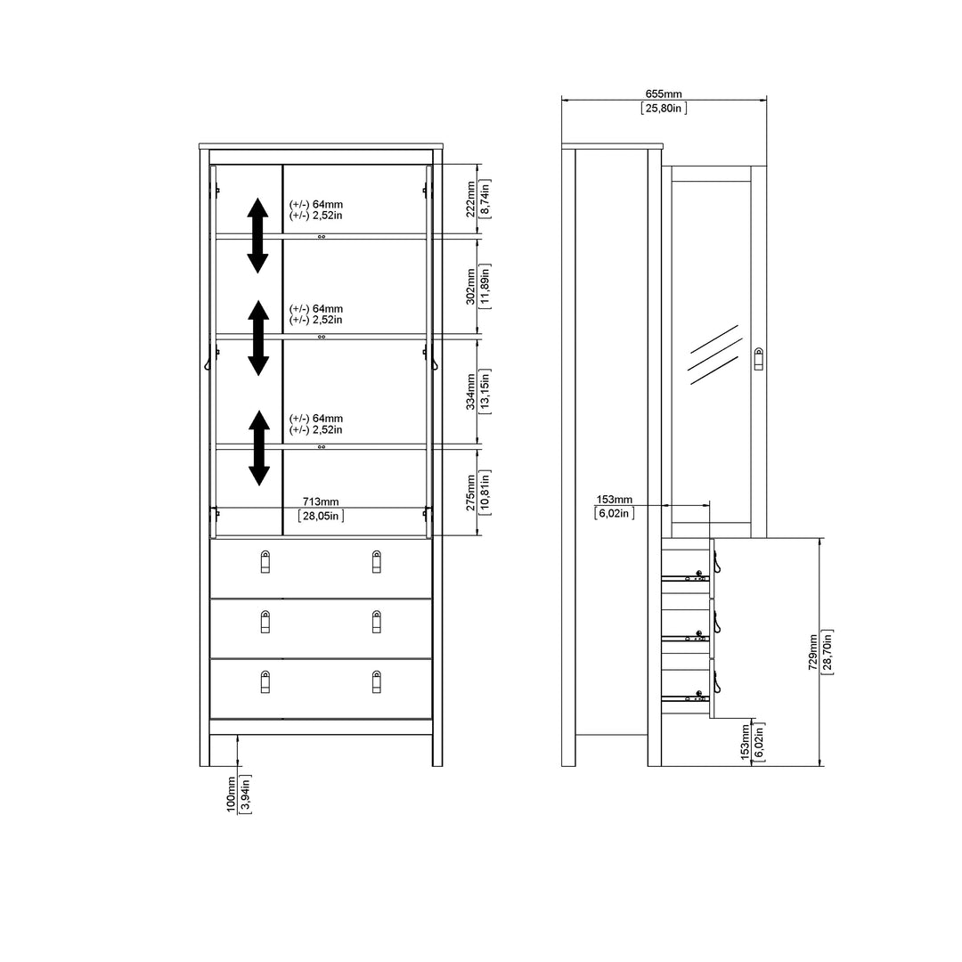 Madrid China Cabinet 2 Glass Doors with 3 Drawers in Cashmere