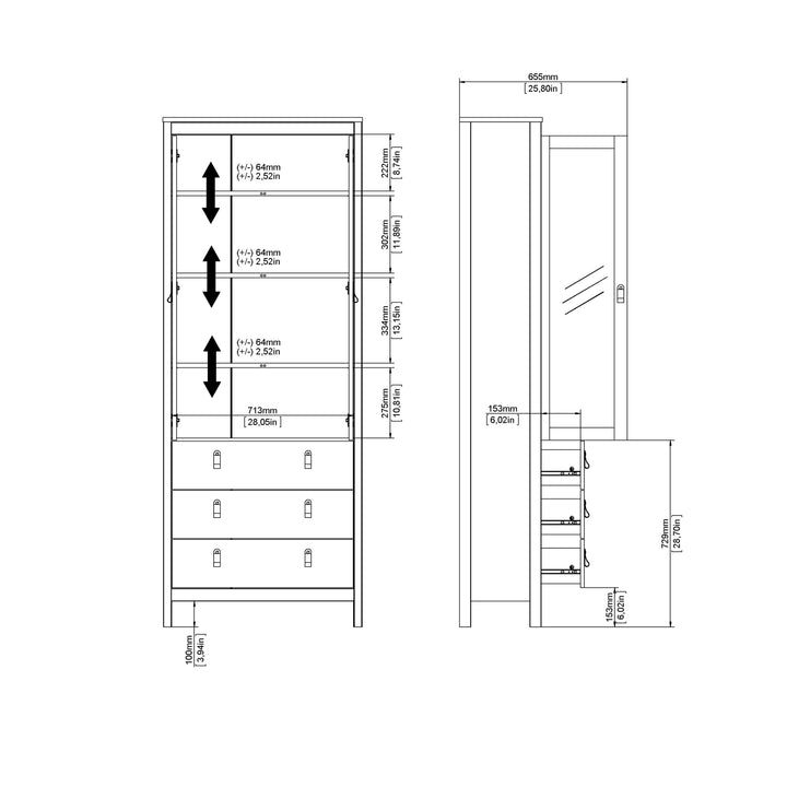 Madrid China Cabinet 2 Glass Doors with 3 Drawers in Cashmere