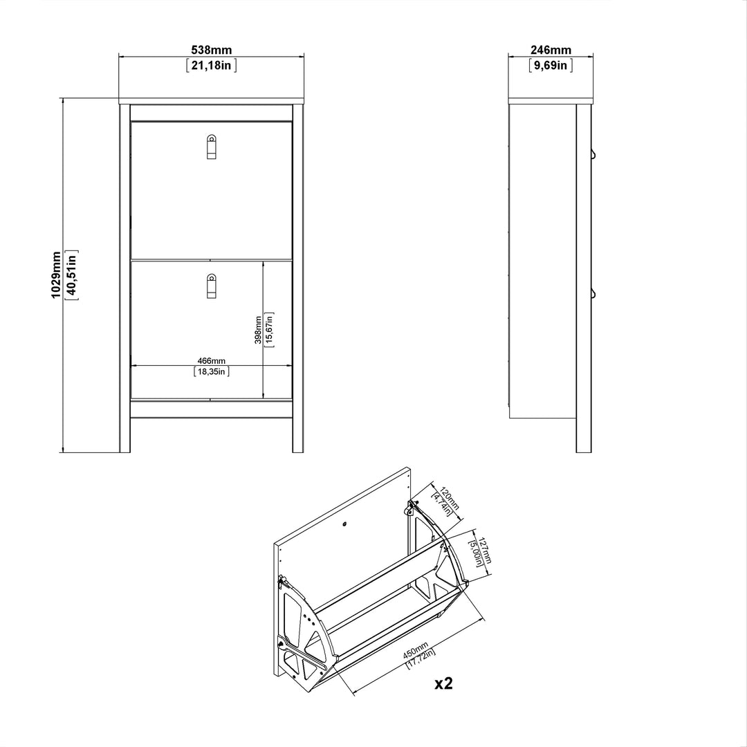 Madrid Shoe Cabinet 2 Flap Doors in Jackson Hickory Oak