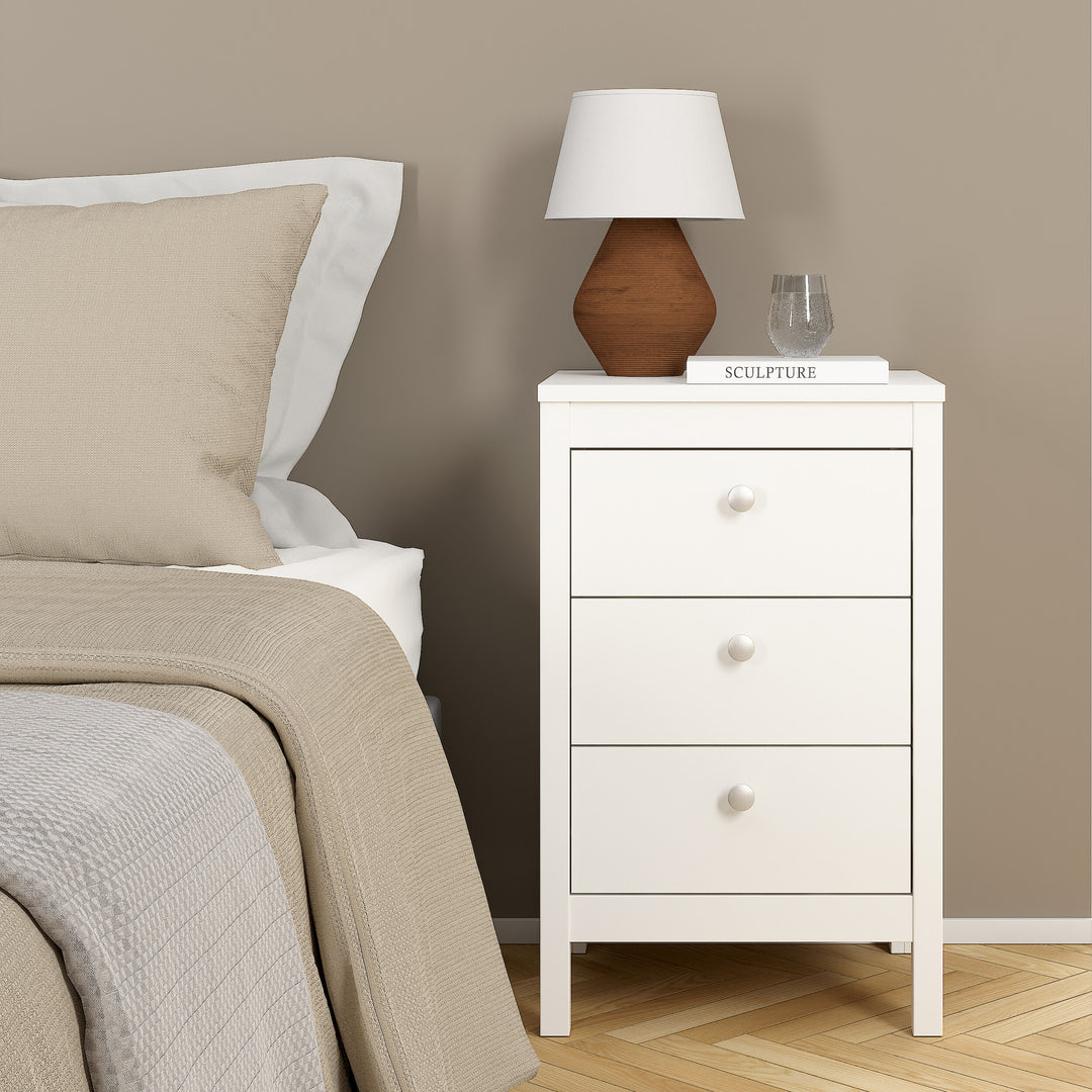 Madrid Bedside Table 3 Drawers in White