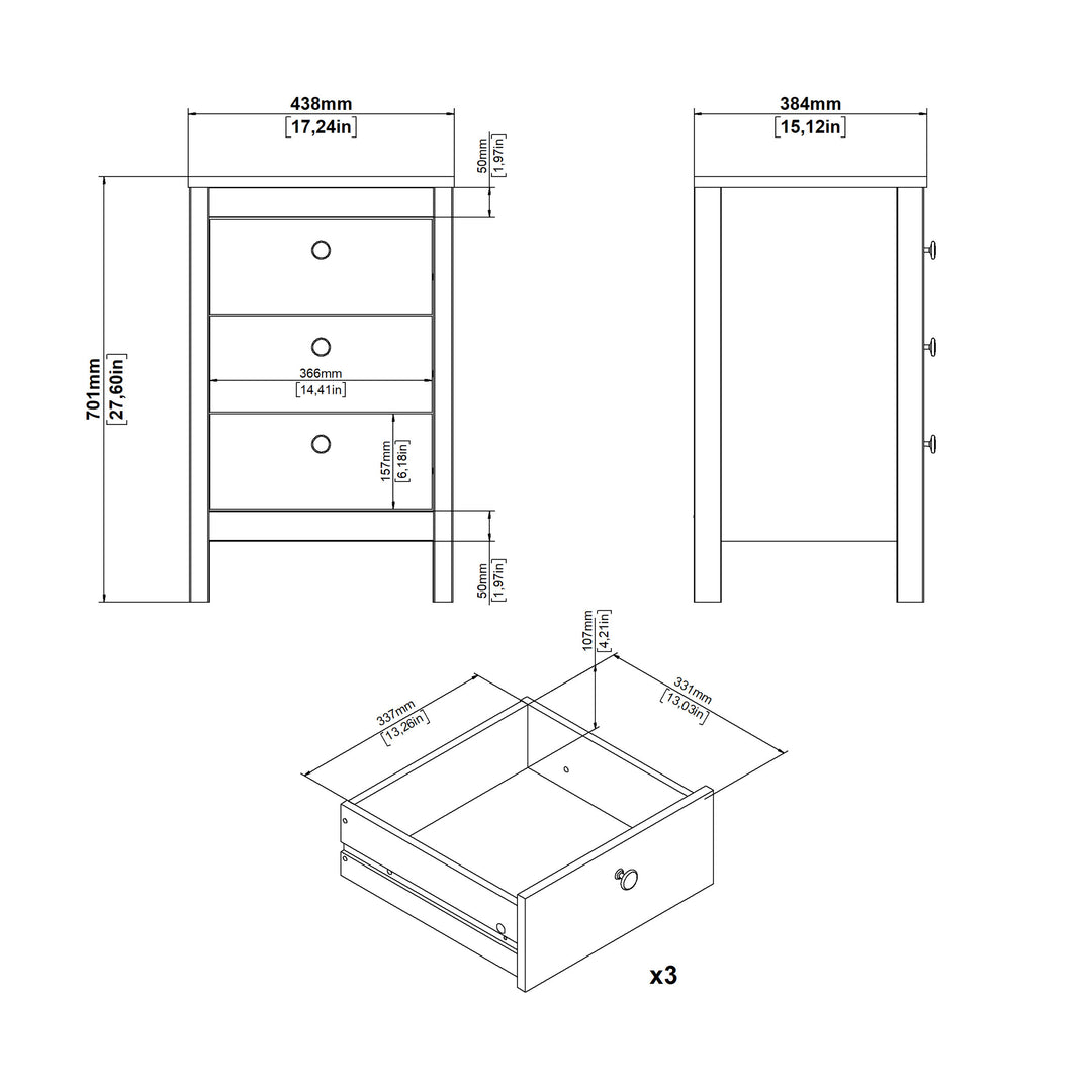 Madrid Bedside Table 3 Drawers in Jackson Hickory Oak