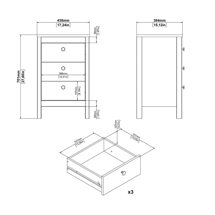 Madrid Bedside Table 3 Drawers in Jackson Hickory Oak