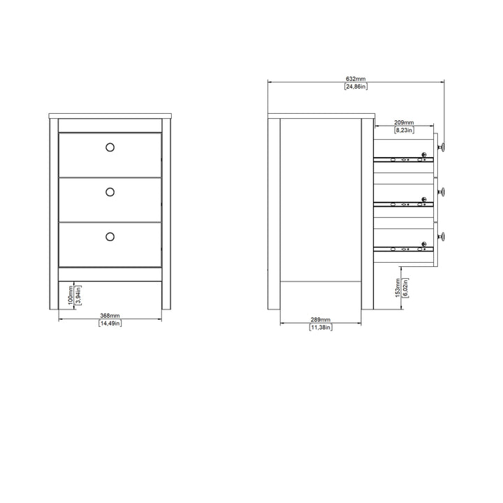 Madrid Bedside Table 3 Drawers in Jackson Hickory Oak