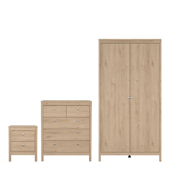 Madrid Package - Bedside Table 2 drawers + Chest 3+2 drawer + Wardrobe with 2 doors in Jackson Hickory Oak