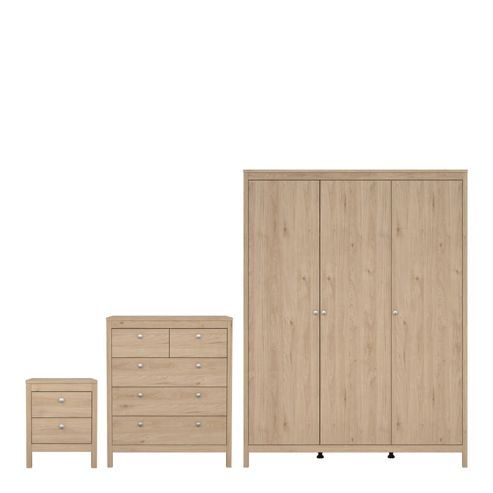 Madrid Package - Bedside Table 2 drawers + Chest 3+2 drawer + Wardrobe with 3 doors in Jackson Hickory Oak