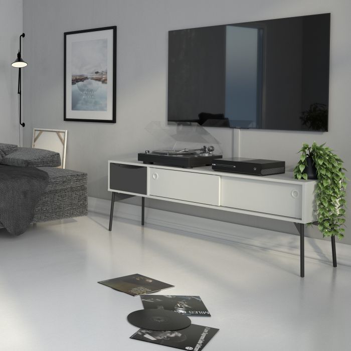 Fur TV-Unit 2 Sliding Doors 1 Drawer in Grey and White - TidySpaces
