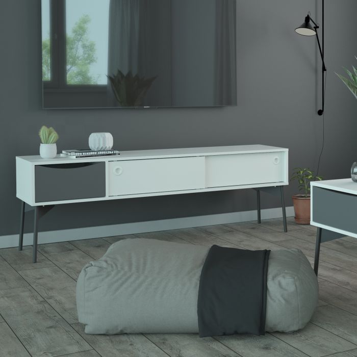 Fur TV-Unit 2 Sliding Doors 1 Drawer in Grey and White - TidySpaces