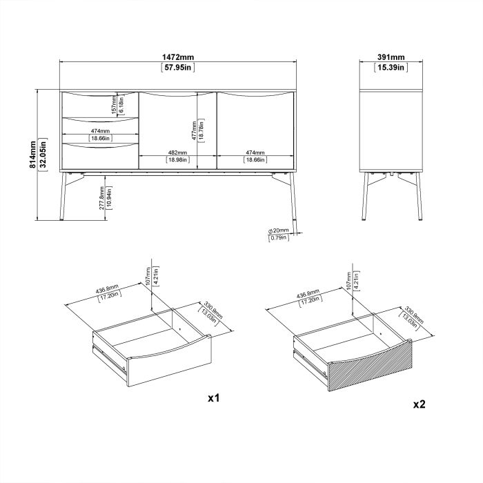 Fur Sideboard 2 Doors 3 Drawers in Grey and White - TidySpaces