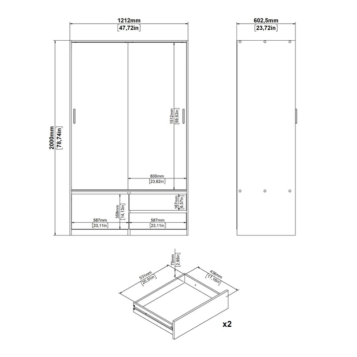 Line Wardrobe with 2 Sliding Doors 1 Small Door and 2 Drawers in Jackson Hickory Oak