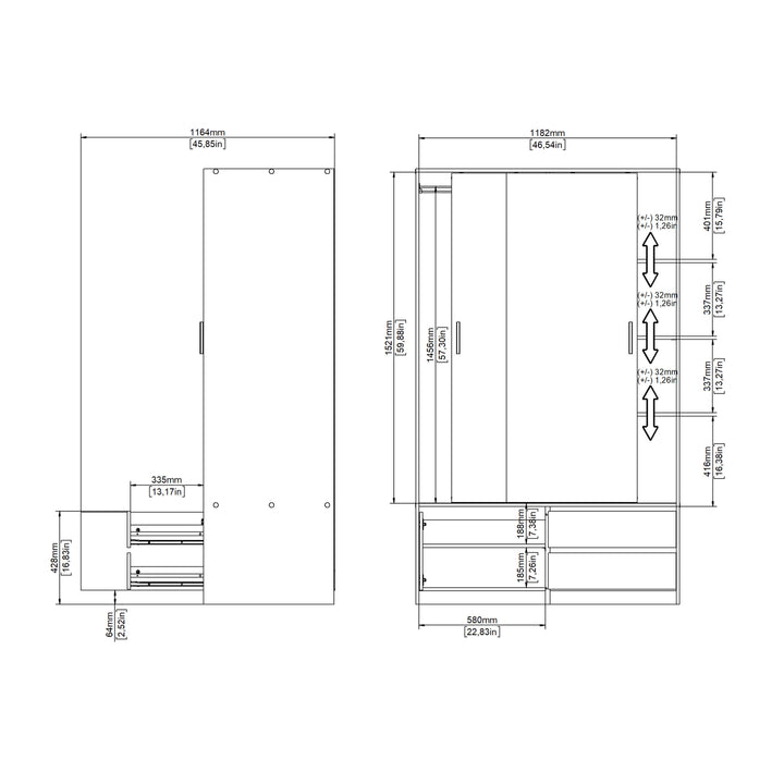 Line Wardrobe with 2 Sliding Doors 1 Small Door and 2 Drawers in Jackson Hickory Oak