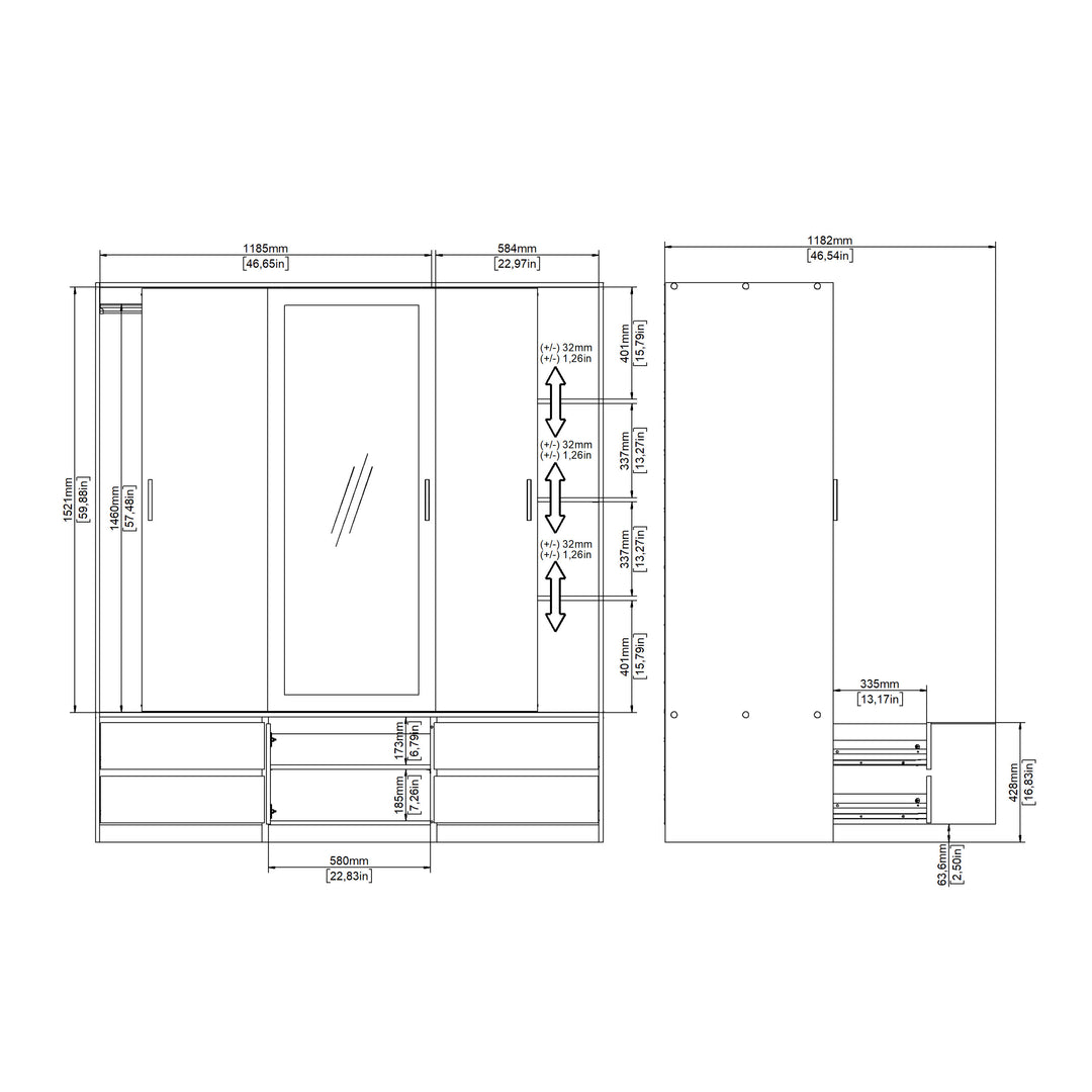 Line Wardrobe with 2 Sliding Doors 1 Sliding Door with Mirror in Jackson Hickory Oak