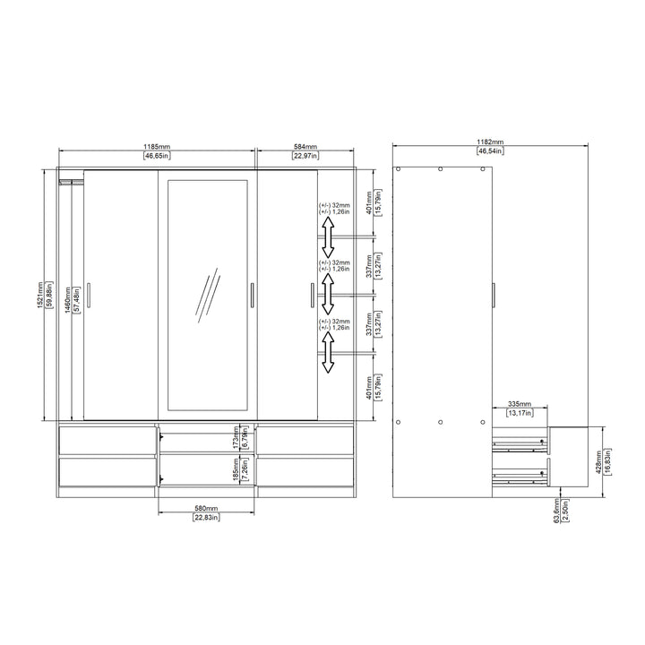 Line Wardrobe with 2 Sliding Doors 1 Sliding Door with Mirror in Jackson Hickory Oak