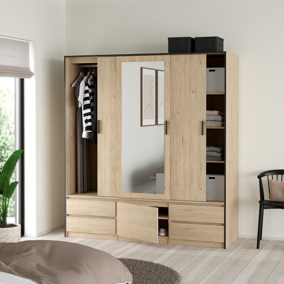 Line Wardrobe with 2 Sliding Doors 1 Sliding Door with Mirror in Jackson Hickory Oak