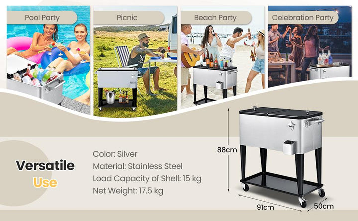 76L Bar Party Drink Ice Bucket Trolley Car Cooler for Outdoor Patio Pool
