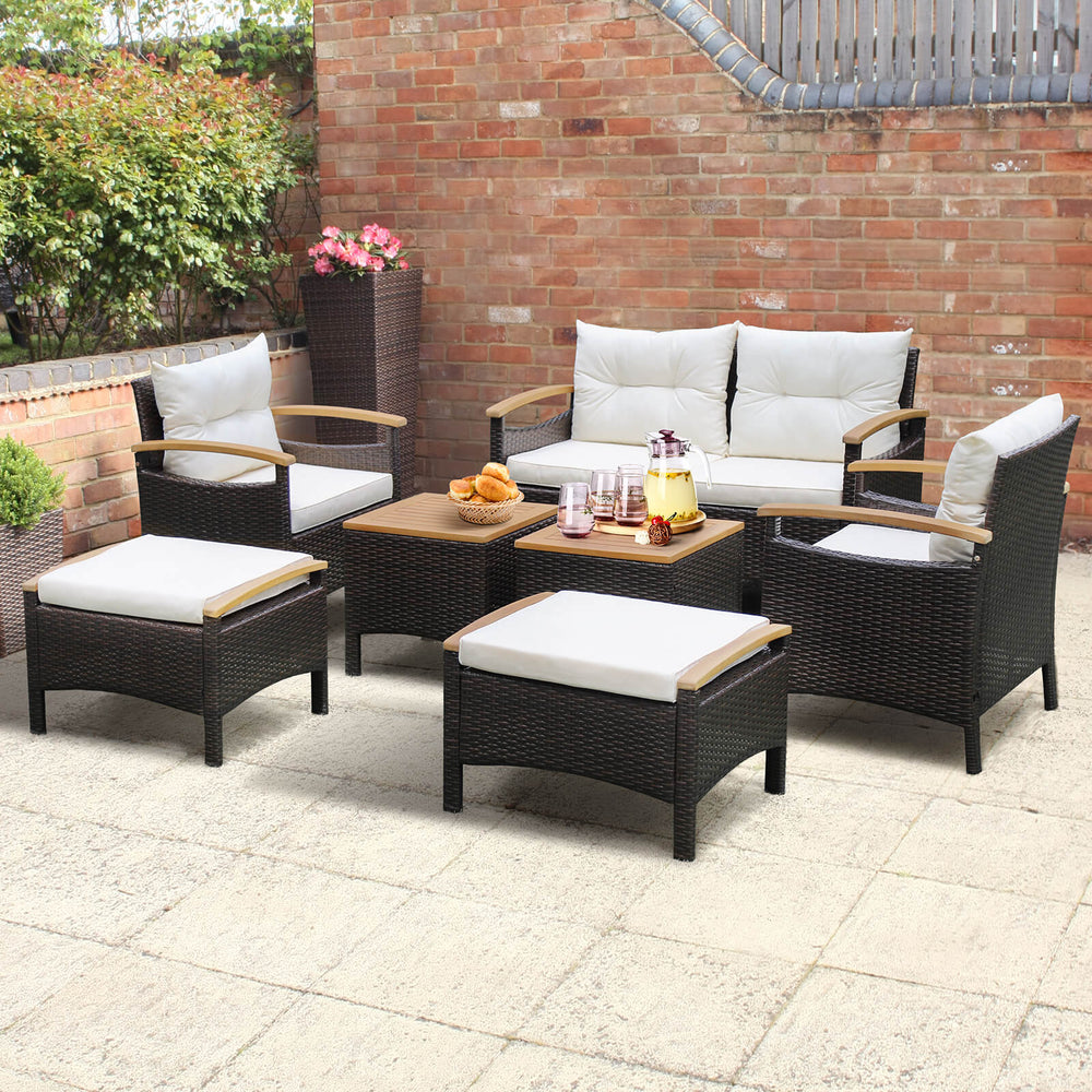 7 Piece Patio Rattan Sofa Set Outdoor with Cushions and Ottomans - TidySpaces