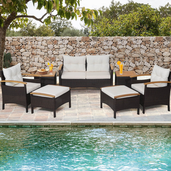 7 Piece Patio Rattan Sofa Set Outdoor with Cushions and Ottomans - TidySpaces