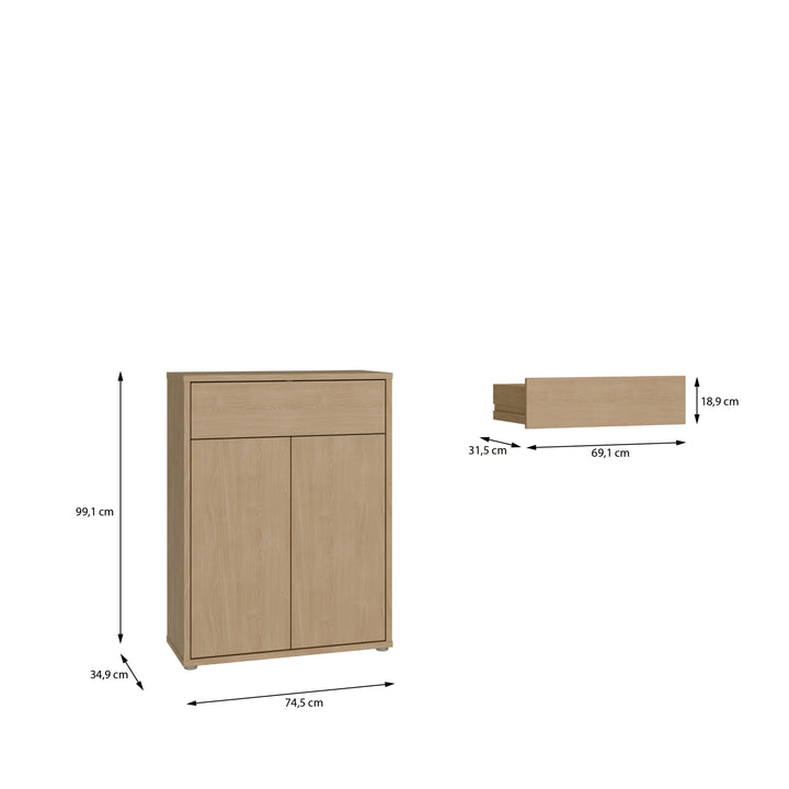 Alice Springs Shoe Cabinet with 2 Doors Push-to-Open &amp; 1 Drawer Push-to-Open in Elegancia Oak