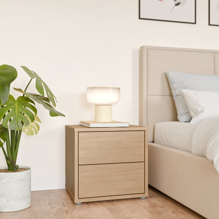 Alice Springs Low Bedside Cabinet with 2 Drawers Push-to-Open in Elegancia Oak