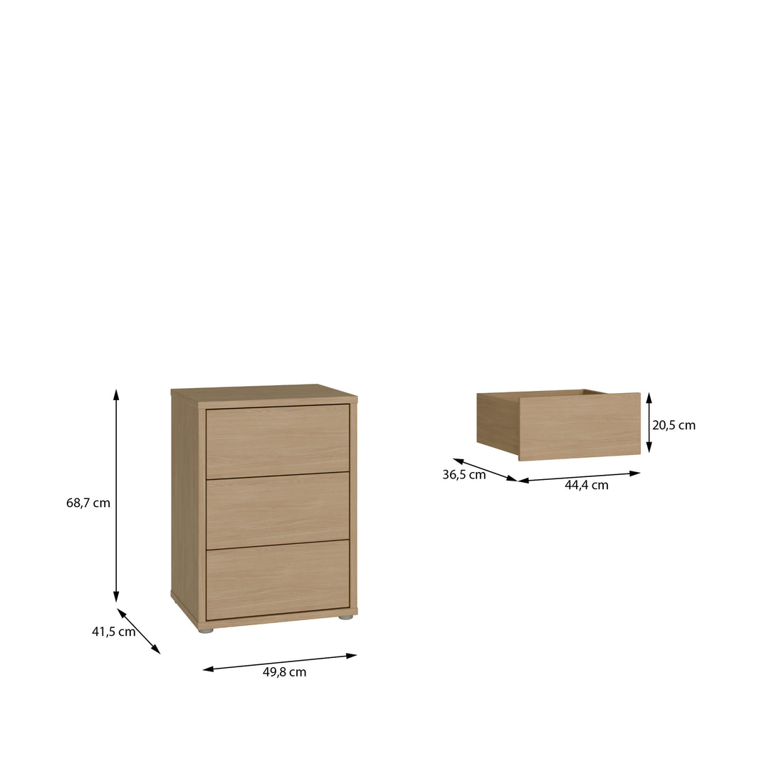 Alice Springs Bedside Cabinet with 3 Drawers Push-to-Open in Elegancia Oak