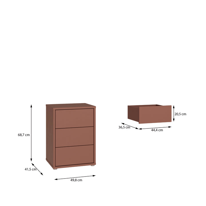Alice Springs Bedside Cabinet with 3 Drawers Push-to-Open in Terracotta