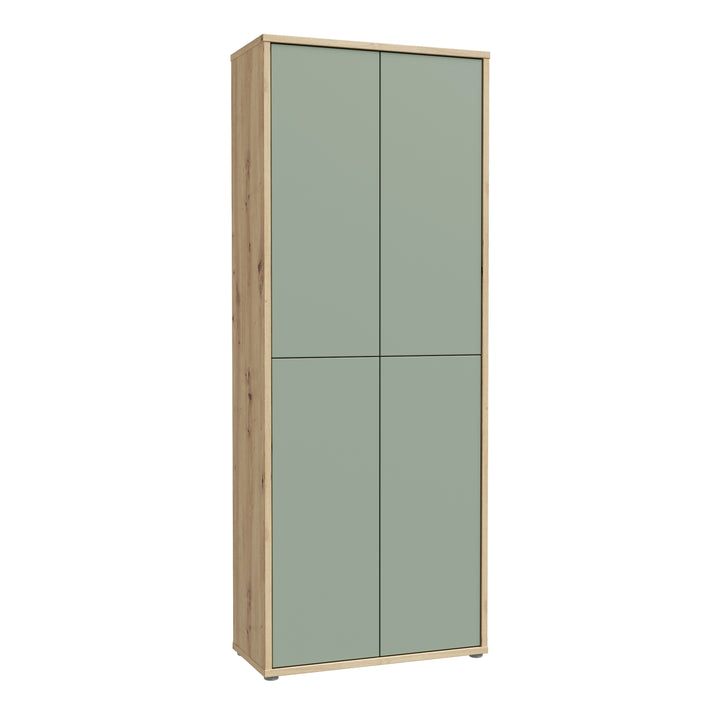Alice Springs Shoe Cabinet with 4 Doors Push-to-Open in Artisan Oak and Sage Green Doors