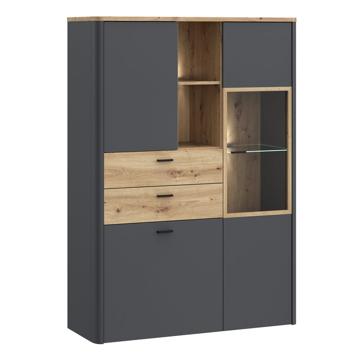 Klara Display Cabinet with 2 Door 2 Drawers and 1 Glass Door in Grey and Oak inc LED Lighting - TidySpaces
