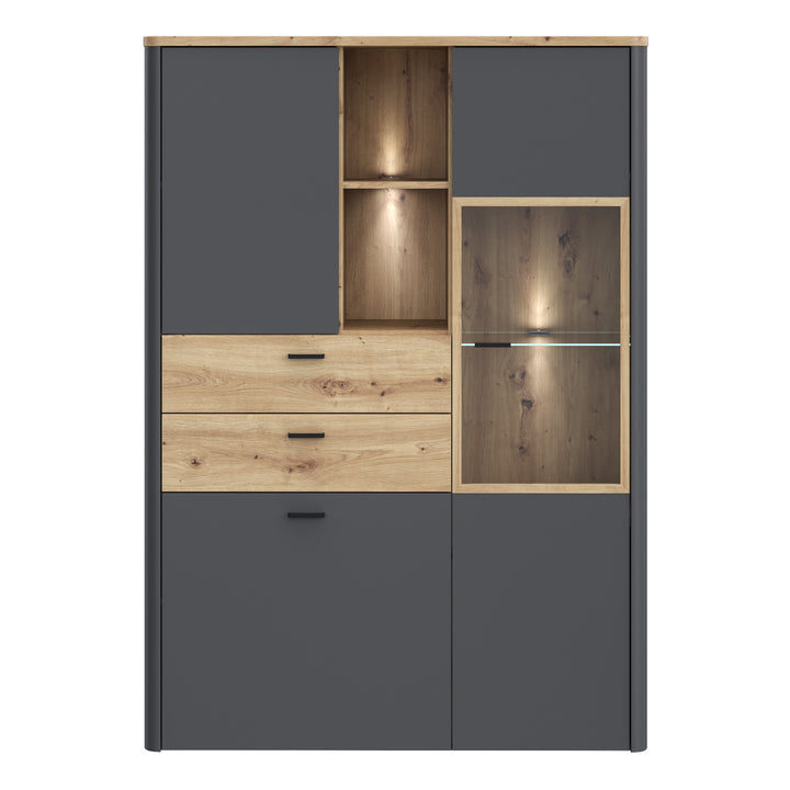 Klara Display Cabinet with 2 Door 2 Drawers and 1 Glass Door in Grey and Oak inc LED Lighting - TidySpaces