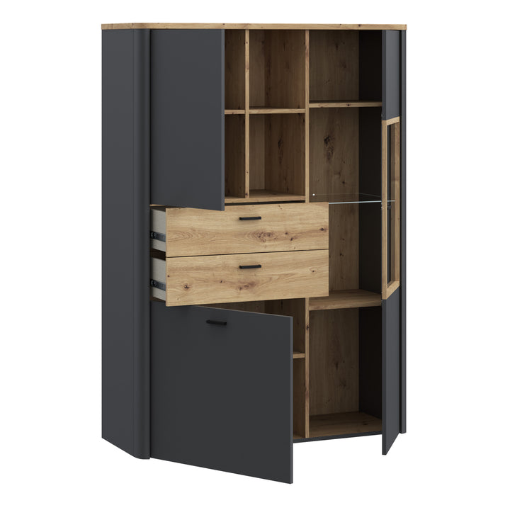 Klara Display Cabinet with 2 Door 2 Drawers and 1 Glass Door in Grey and Oak inc LED Lighting - TidySpaces